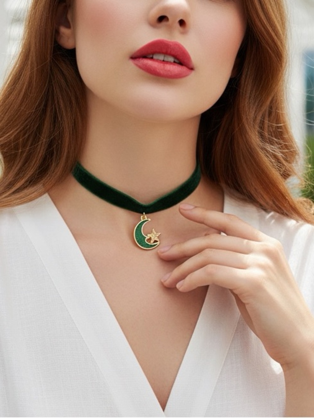 Green Velvet Moon & Star Choker Necklace